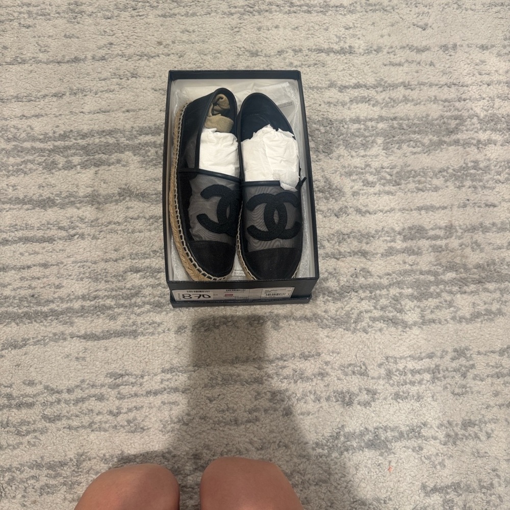 Black Espadrille Slip-On Grosgrain Mesh espadrille Shoes w Interlocking Logo 38